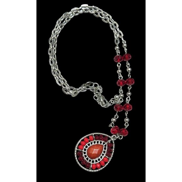 Bohemian Teardrop Necklace Red And Silver Tone - Picture 1 of 5